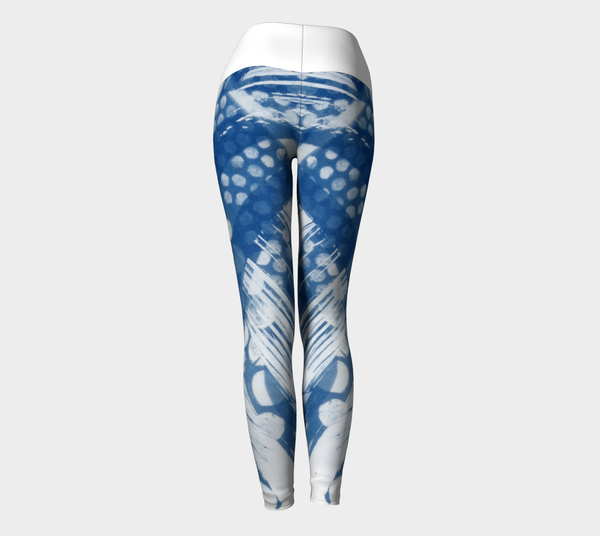 Yoga leggings created from cyanotype designs, with white band.