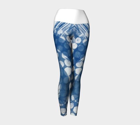 Yoga leggings created from cyanotype designs, with white band.