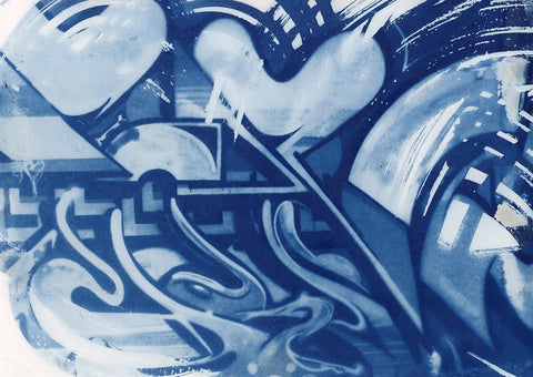 Cyanotype with hearts inspired by graffiti in Seattle's Central District. 